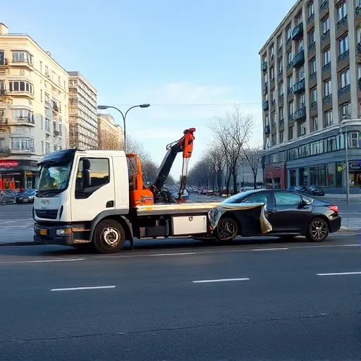 A modern tow truck parked on a Moscow street in Medvedkovo, towing a stalled car, with city buildings and a clear sky, no text or signage