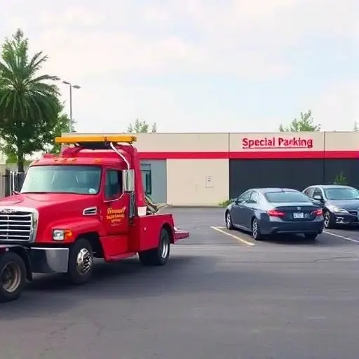A tow truck pulling a car toward a designated special parking lot, with clear signage indicating "Special Parking" and a clean, organized lot with multiple parked vehicles, all in a realistic style.
