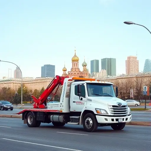 A tow truck parked on a typical Moscow street, with a clear view of the city skyline in the background. The truck should have a visible distance meter or a price tag indicating cost per kilometer, but no text, numbers, or letters should be present. The scene should convey the idea of towing services and the cost associated with traveling one kilometer in Moscow.