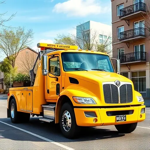 A modern yellow tow truck parked on a city street near a residential building, daytime, clear weather, professional service vehicle