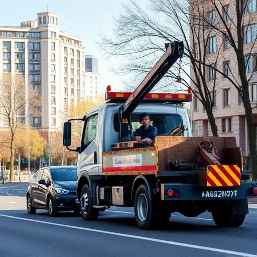 A realistic urban scene on Avangardnaya Street showing a modern tow truck with a crane hook beside a small damaged car, the driver in a uniform, city buildings and trees in the background, clear sky, emphasizing the service of vehicle towing without any text or logos.