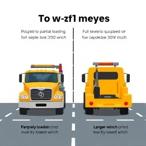 Illustrate a comparison of tow truck types by showing two tow trucks side by side on a road: one equipped for partial loading with a smaller winch and a partially loaded vehicle, and one equipped for full loading with a larger winch and a fully loaded vehicle. Both trucks should be modern, brightly colored, and positioned against a neutral background, with clear visual differences in their winch size and cargo area. No text or labels should be present.