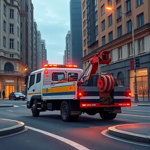 Эвакуатор на 6-й Садовой улице: Полное руководство A realistic smallHQ style illustration of a tow truck on a city street at 6th Sadovaya, showing the vehicle with its hook and flashing lights, surrounded by urban buildings, street lamps, and a curb, without any visible text, letters, numbers, logos, or people