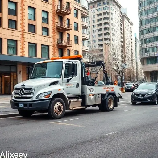 Эвакуатор на Алексинской улице: Полное руководство по вызову и заказу A realistic city street scene on Alexey Street with a modern tow truck parked beside a car, showing the tow service in action, urban buildings and street details, no text or signage