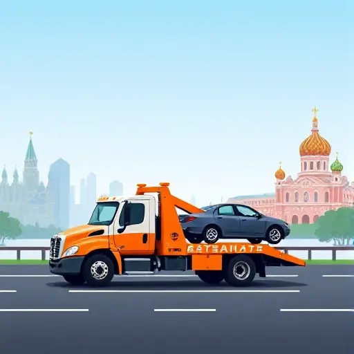 A tow truck positioned on a road with the skyline of Moscow on one side and Saint Petersburg on the other, a car being towed, a professional driver in uniform, and subtle visual symbols of reliability such as a shield or badge, all depicted without any text or lettering.