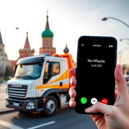 A modern tow truck parked on a Moscow street with iconic city landmarks in the background, a smartphone displaying an incoming call screen (no visible numbers or text) held by a hand, the scene bathed in soft daylight, emphasizing the concept of a callback service for tow trucks in Moscow