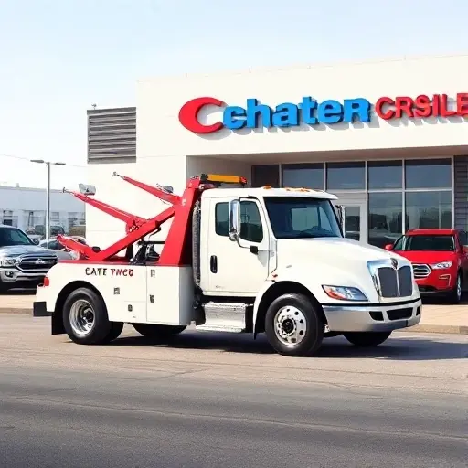 купить машину эвакуатор A realistic depiction of a modern tow truck parked in front of a car dealership, with a clean, neutral background and no text or signage visible