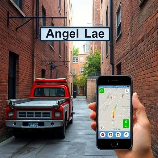 A realistic scene of a tow truck parked on a narrow alley named Angel's Lane, with a street sign indicating the alley name, and a smartphone displaying a GPS map pinpointing the exact location, all depicted without any text, letters, or digits