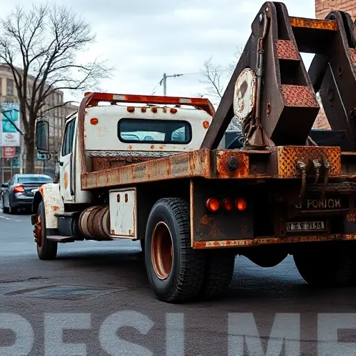 A tow truck parked on a Moscow street, showing visible dents and rust on its body and frame, with a subtle city skyline in the background