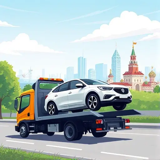 A smallHQ style illustration of a modern tow truck in a Moscow suburban setting, gently loading a brand-new car onto its platform, with a cityscape in the background and a clear sky