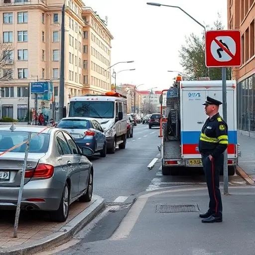 An urban street scene in Moscow-Balachikha showing a car illegally parked on a curb, a city tow truck with official markings pulling the vehicle, a nearby sign indicating 'illegal parking', and a city official in uniform observing. The scene should be realistic, daytime, with clear city architecture.