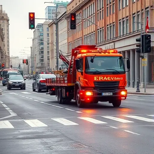 A realistic scene of a tow truck operating on a busy Moscow street, with city buildings, traffic lights, and a car being towed, illustrating the complexity of the evacuation process, without any visible text or signage