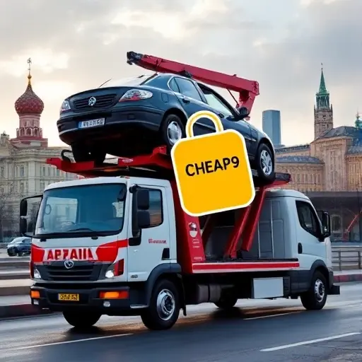 Tow truck in a Moscow cityscape, lifting a car onto its platform, showing the difficulty of loading and unloading, with a price tag icon indicating cheap price, no text, letters, or digits visible