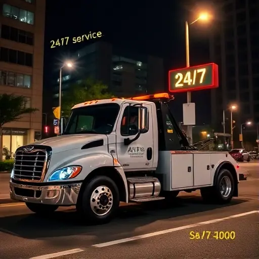 A modern tow truck parked on a city street at night, illuminated by streetlights, with a subtle glowing sign indicating 24/7 service. The scene should convey reliability and professionalism, featuring a clean, well-maintained vehicle and a calm, satisfied driver. No text, letters, or numbers should be present in the image.