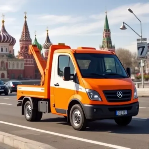 эвакуатор москва недорого цао A compact tow truck with a bright orange and white color scheme parked on a Moscow street, with recognizable city architecture such as the Kremlin towers in the background, under a clear sky. The scene should convey affordability and reliability, showing the tow truck ready for service, without any text, logos, or signage.