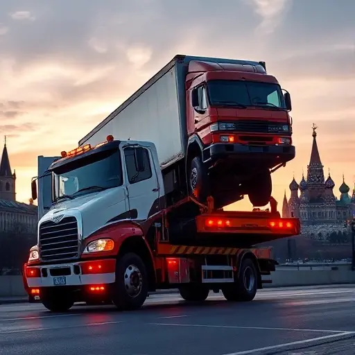 Эвакуатор грузовиков в Москве: Полное руководство A professional tow truck in Moscow, lifting a large cargo truck onto its platform against a backdrop of recognizable Moscow cityscape with skyscrapers and the Kremlin silhouette, realistic lighting, dynamic composition, no text or logos