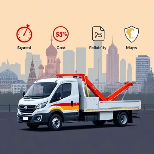 A tow truck parked in front of a city skyline that blends iconic elements of Moscow and Ryazan, with visual symbols representing key factors: a stopwatch for speed, a price tag for cost, a shield for reliability, and a map for coverage area, all depicted without any text or lettering.