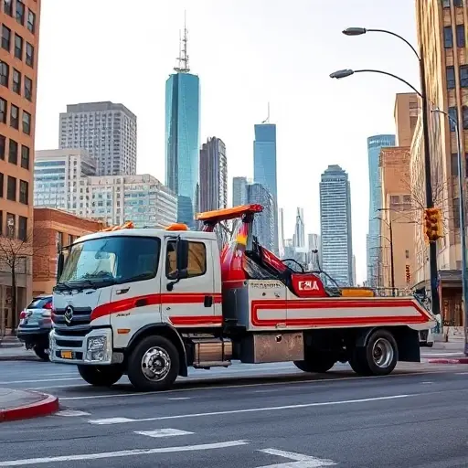 A realistic tow truck parked on Barriikdny Street, with a city skyline in the background, a partially towed car on the curb, bright street lights, and a clear sky. The scene should capture the urban environment and the functionality of the tow truck without any text or signage.