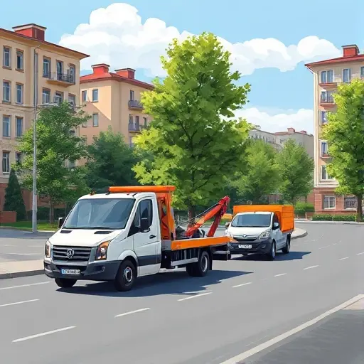 Эвакуатор в Тверском районе: Полное руководство A realistic illustration of a tow truck pulling a car on a city street in the Tverskoy district, showing typical Russian residential buildings, trees, and a clear sky, without any text, letters, or numbers in the scene.