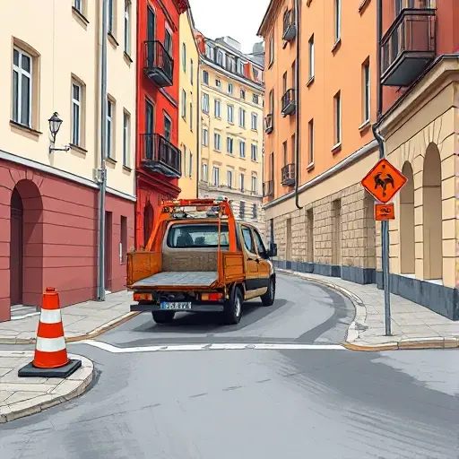 A realistic depiction of a tow truck parked on Bolshaya Kalitnikovskaya Street, showing the narrow, winding street layout with adjacent buildings, a traffic cone indicating a closed lane, and a small signpost with a symbol of a car being towed. The scene should capture the street’s unique features such as uneven pavement, a slight incline, and a nearby pedestrian crossing, all rendered in a detailed, high-resolution style suitable for a guide illustration.