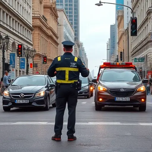 A bustling Moscow street scene showing a police officer in uniform directing traffic, a tow truck pulling a car away, surrounding city buildings and traffic lights, conveying the concept of traffic enforcement and fines without any visible text or numbers