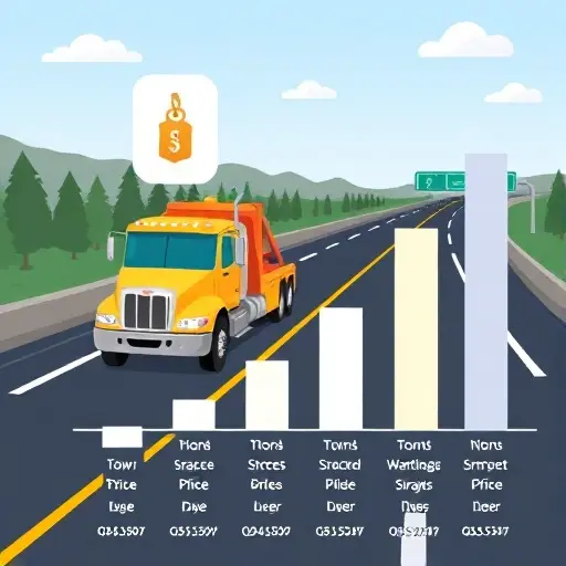 A stylized illustration of a tow truck on a highway, with a floating price tag icon, and a bar graph overlay showing different price levels for various companies, represented by bars of varying heights, no text or numbers.