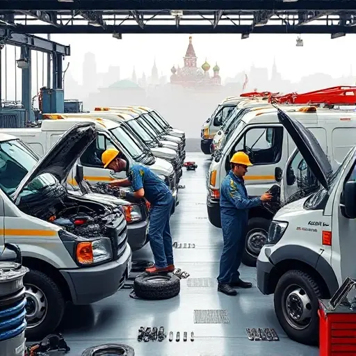 A bustling Moscow automotive workshop where several tow trucks (evakuators) are being serviced. Mechanics in work overalls and safety helmets are inspecting engines, changing tires, and using diagnostic tools. The background shows a subtle silhouette of Moscow's skyline with recognizable domes and towers, but no text or signage. The scene conveys a professional, clean environment with tools, spare parts, and a sense of organized repair activity.