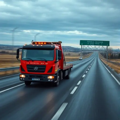 Эвакуатор Ставрополь – Москва: Полное руководство по перевозке автомобиля A realistic tow truck (evakuator) driving on a long highway that stretches from the southern region of Russia towards the north, with a subtle background hint of the Russian landscape transitioning from the steppe near Stavropol to the more urban skyline near Moscow, showing the vehicle in motion, road signs blurred, and a sense of distance and travel, without any text or logos