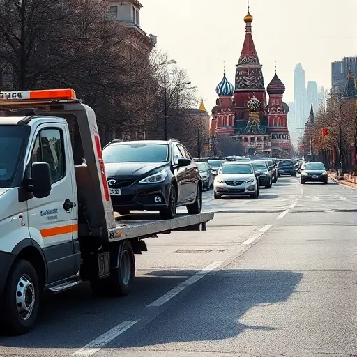 Москва: Все, что нужно знать о платных эвакуаторах A realistic scene of a Moscow street with a modern tow truck lifting a small car onto its platform, the iconic Saint Basil's Cathedral and Moscow skyline visible in the background, busy urban traffic, clear sky, no visible text or signage