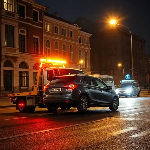 A realistic scene of a Moscow city street at night, featuring a bright tow truck lifting a parked car that is illegally parked. The background shows typical Moscow architecture with illuminated windows and streetlights, conveying a 24/7 service atmosphere. No signage, letters, or numbers are visible in the image.