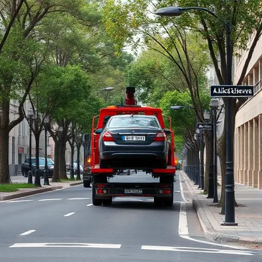A realistic city street scene showing a tow truck lifting a parked car onto its platform on a quiet avenue named after Alice Selezneva, with tree-lined sidewalks, street lamps, and a subtle street sign indicating the avenue name, all rendered in a compact high-quality style