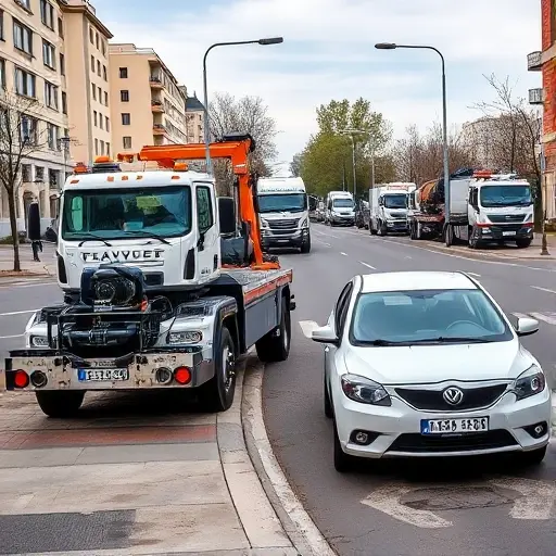 A realistic city street scene on Avangardnaya Street with a modern tow truck (evacuator) parked beside a parked car, showing the tow truck's hook and equipment. In the background, other types of tow trucks (flatbed, wheel-lift, and integrated crane) are subtly visible, illustrating the variety of evacuator models. The street has typical urban elements like sidewalks, streetlights, and trees, but no visible signage, text, or numbers.