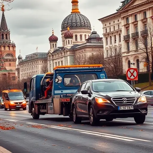 Эвакуация автомобиля в Москве A tow truck pulling a car on a busy Moscow street, with classic Russian architecture in the background such as the Kremlin dome and historic buildings, autumn leaves on the road, realistic lighting, dynamic composition, no text or signage visible