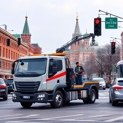 A modern tow truck with a crane and hook parked on a busy Moscow street, surrounded by recognizable city elements such as red brick buildings, traffic lights, and a backdrop of the Moscow skyline with the Kremlin domes faintly visible; the scene is dynamic with the tow truck ready to assist, showing a professional driver in a uniform, but without any visible text, logos, or signage