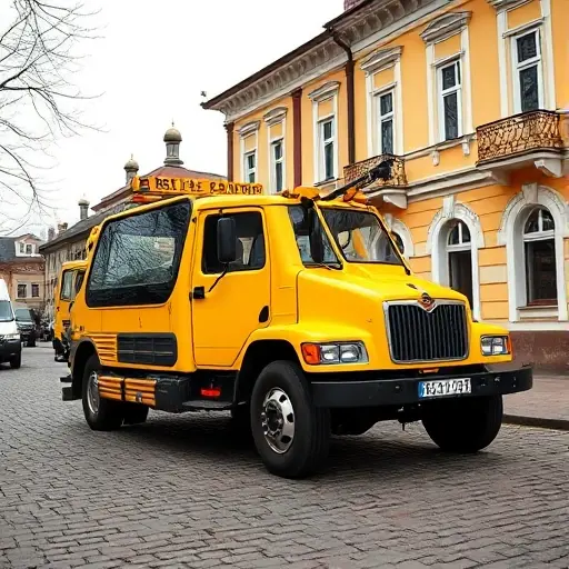 эвакуатор йошкар A bright yellow tow truck parked on a cobblestone street in Yoshkar-Ola, with traditional Russian architecture in the background, no people, no text, no logos, no digits