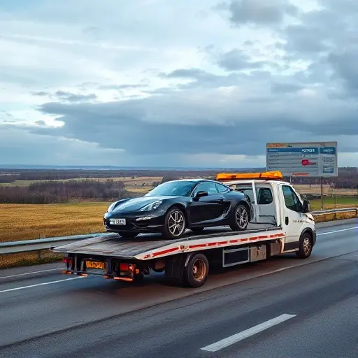 A tow truck partially loaded with a car, parked on a highway between Moscow and Cheboksary, with a scenic background of Russian countryside, no text or signage visible, no people, no other cars