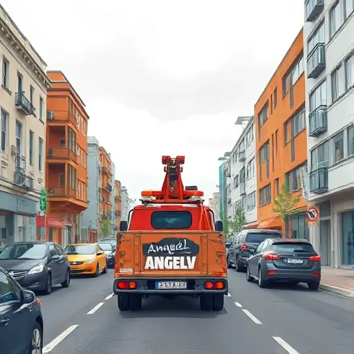 A realistic illustration of a tow truck on a narrow urban street called Angelov Lane, with surrounding traffic, city buildings, and an overcast sky, showing the tow truck's hook and a car being towed, in a smallHQ style, without any text or signage
