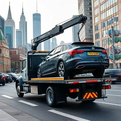 A modern tow truck parked on a busy Moscow street, lifting a car onto its flatbed with a hydraulic crane. The scene shows the difficulty of loading and unloading: the car is partially lifted, cables and straps visible, and a driver in a uniform is adjusting the load. In the background, iconic Moscow skyscrapers and traffic create a realistic urban setting. No text, letters, or numbers are present in the image.