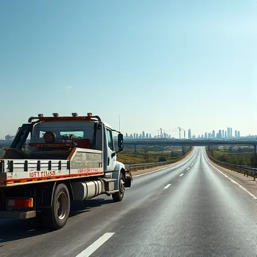 эвакуатор москва смоленск A realistic scene of a tow truck on a highway connecting Moscow and Smolensk, with the Russian countryside and distant city skylines in the background, showing the vehicle in action pulling a car, under a clear sky