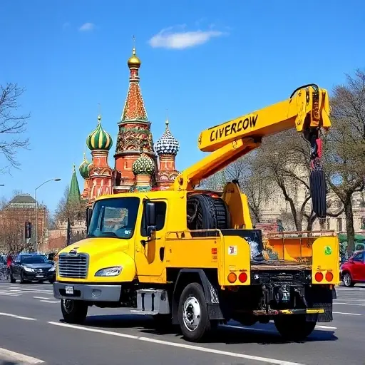 A bright yellow tow truck with a hydraulic crane parked on a busy Moscow street, with the Kremlin and St. Basil's Cathedral in the background under a clear blue sky.