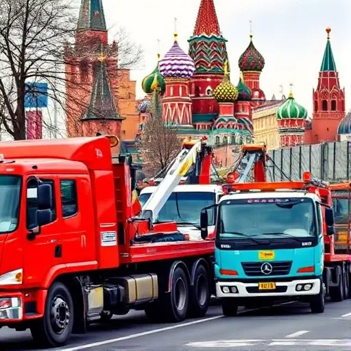 Рынок грузовых эвакуаторов в Москве A bustling Moscow street scene featuring several large cargo tow trucks parked on the curb, with a backdrop of iconic Moscow architecture such as the Kremlin or St. Basil's Cathedral. The trucks should be in bright colors, with visible towing equipment, and a few pedestrians or traffic signs in the background. The scene should convey the busy market of cargo tow trucks in Moscow.