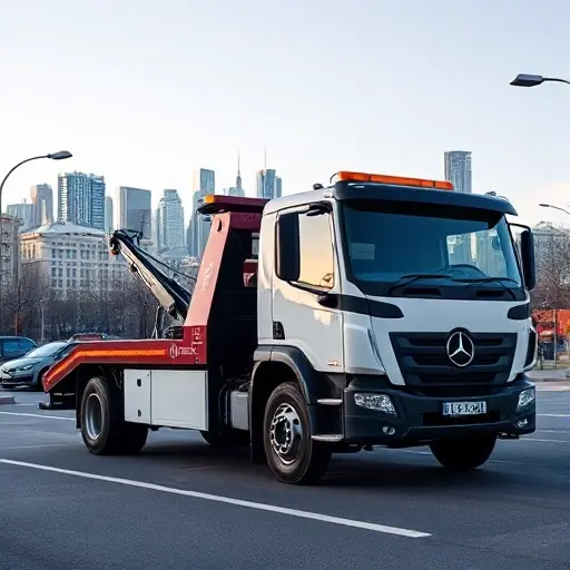 A modern tow truck parked on a Volgograd street, with the city’s iconic skyline in the background, under a clear sky, subtle color palette indicating affordability, no text or signage visible