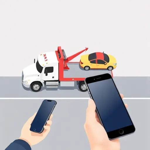 A tow truck pulling a car on a road, with a mobile phone held by a person nearby, all depicted in a clean, realistic style without any text or symbols