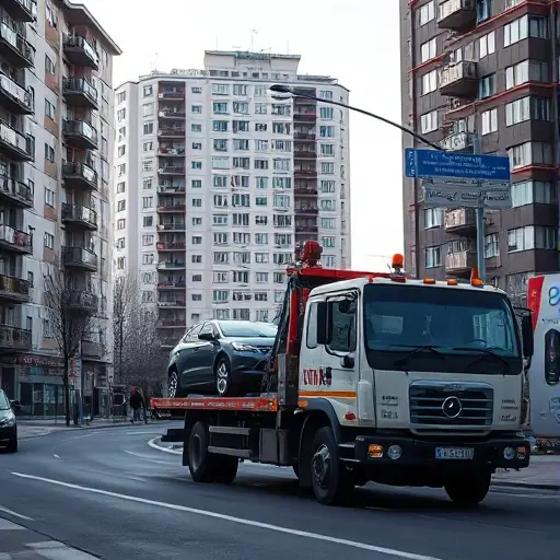 A realistic scene of a tow truck operating on a city street in Medvedkovo, Moscow, with the tow truck lifting a car onto its platform, surrounded by typical Moscow apartment buildings and street signs, under a clear sky, focusing on the vehicle and the urban environment