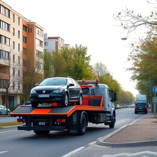 A realistic scene of a tow truck (evakuator) on a city street in Krasnogorsk, Russia, with surrounding urban buildings, trees, and a clear sky. The tow truck is loading a small car onto its platform, illustrating a roadside assistance call. The focus is on the vehicles and the city backdrop, without any signage or text.