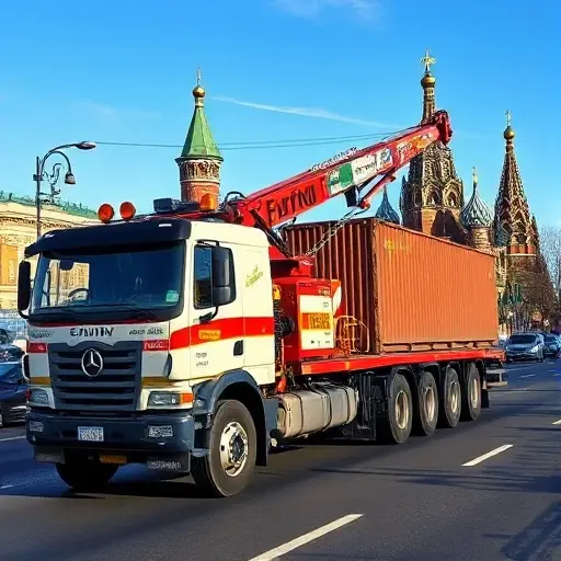 A large tow truck (evakuator) lifting or towing a heavy cargo truck on a busy Moscow street, with recognizable Moscow city elements such as the Kremlin dome or St. Basil's Cathedral in the background, realistic urban setting, clear sky, detailed vehicles, no text or signage