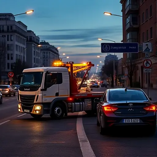 Вызов эвакуатора на 2-й Лучевой просек: Полное руководство A realistic scene of a roadside on a busy urban avenue labeled as the second Luchnoy Prospekt, showing a modern tow truck parked beside a stalled car. The tow truck is illuminated by street lights and a subtle glow, with a subtle hint of a smartphone on the driver's seat indicating a call being made. The background includes city buildings, traffic signs, and a clear sky at dusk, without any visible text, logos, or people.
