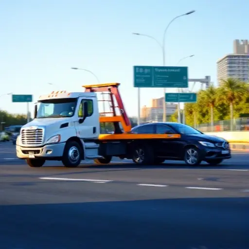 Эвакуация автомобиля в пределах 2 км: Полное руководство A tow truck pulling a disabled car along a city street, showing a short distance of about 2 kilometers with road signs blurred, clear sky, realistic lighting, no text or numbers, focusing on the vehicles and the road environment