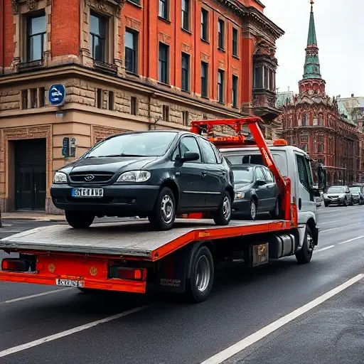 A realistic scene of a commercial tow truck in Moscow, pulling a small car onto its platform on a busy city street with recognizable Moscow architecture such as a red brick building and a street sign, showing the tow service in action without any text or logos