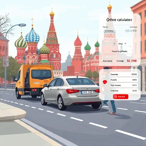 A scene showing a car being towed on a Moscow street, with recognizable Moscow landmarks such as the Kremlin or Saint Basil's Cathedral in the background, a tow truck operator assisting, and a subtle overlay of a digital calculator interface indicating an online cost estimate, all rendered in a clean, detailed illustration style without any textual elements